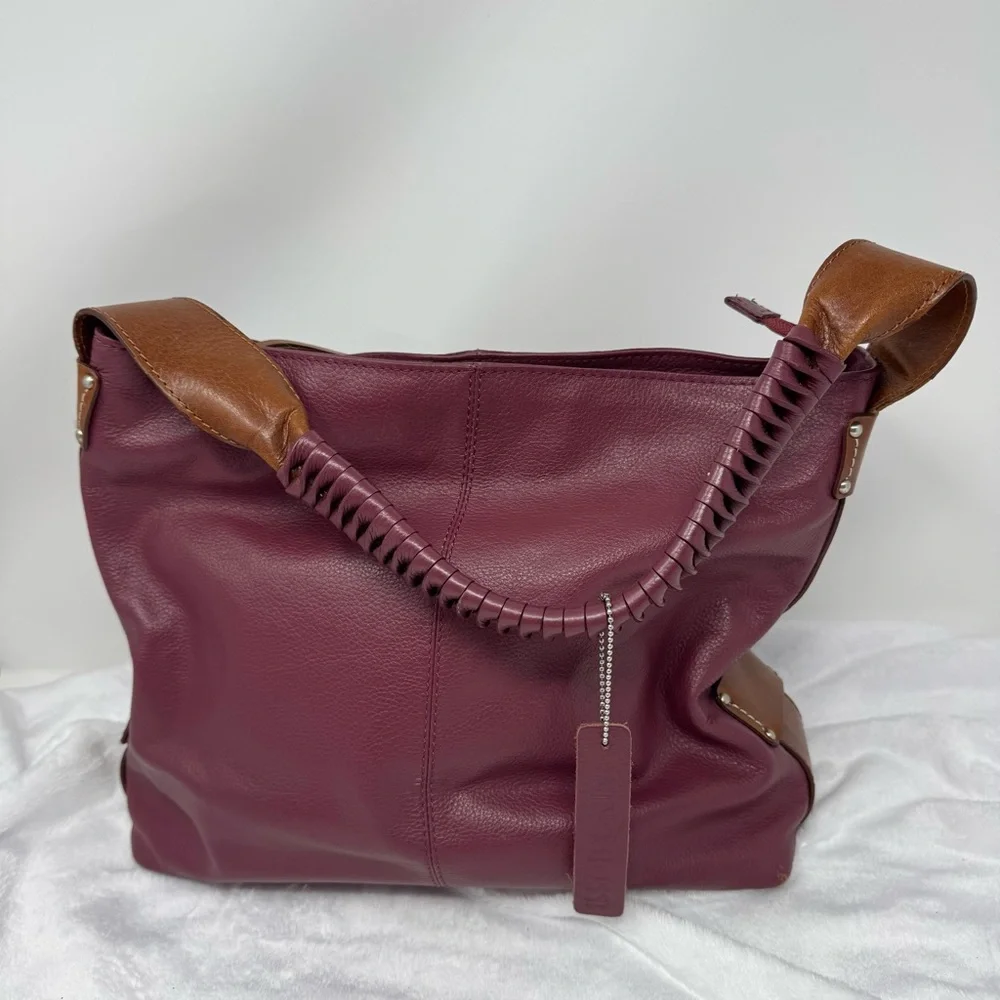 Nino Bossi Burgundy Leather Hobo Shoulder Bag‎ Braided Strap zip Closure